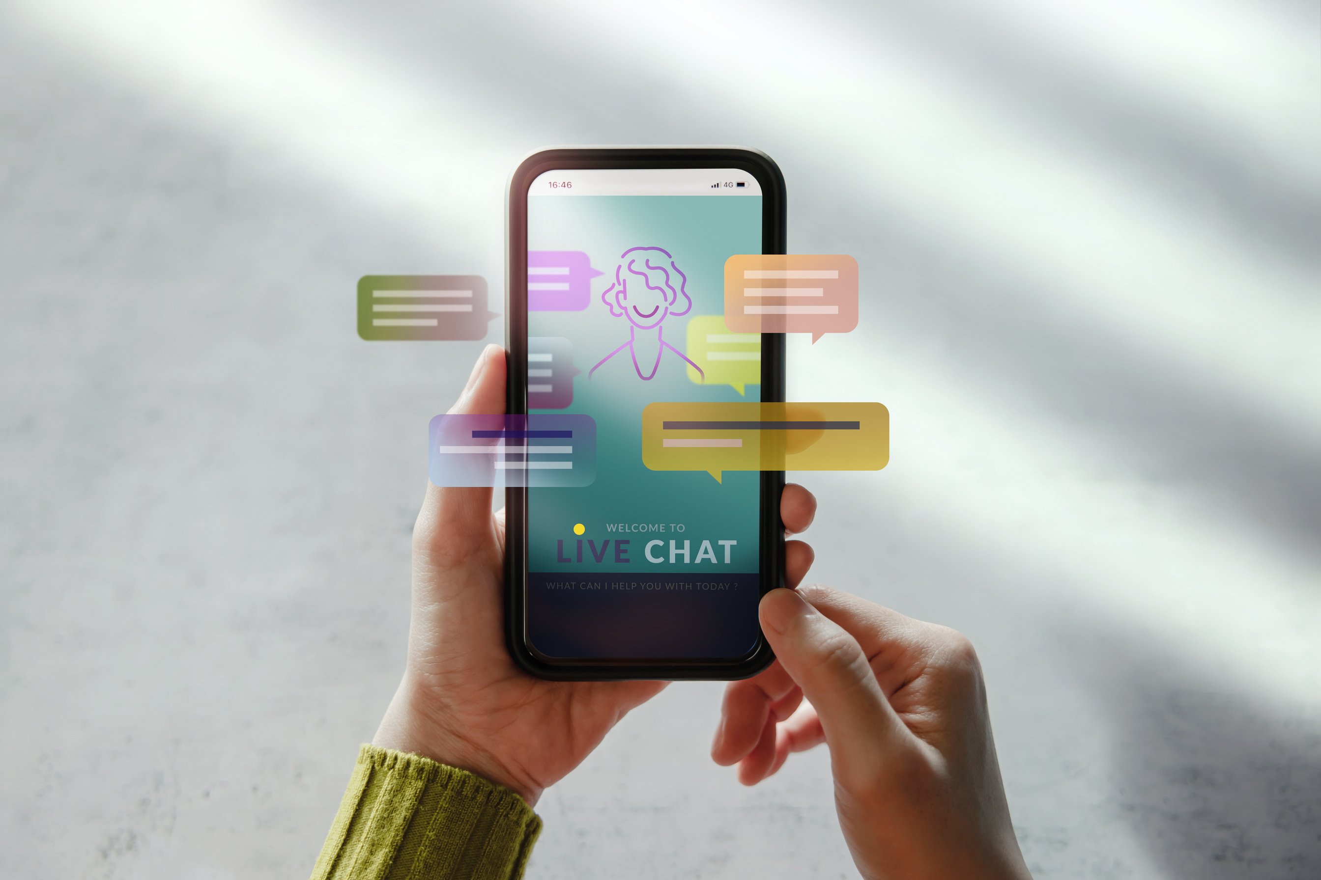 LiveChat Technology Concept. Customer Using Mobile Phone To Make Conversation with an Artificial Intelligence . Virtual Assistant for Customer Support Information